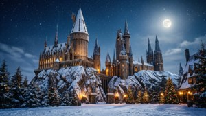 滿月星空下，窗戶發光的雪城堡。