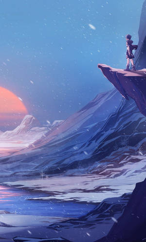動漫角色站在雪崖上，俯瞰夕陽下的山谷。 — 美學手機GIF 壁紙