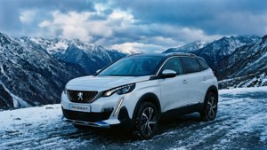白色Peugeot SUV停泊在多雲天空下的積雪山路上