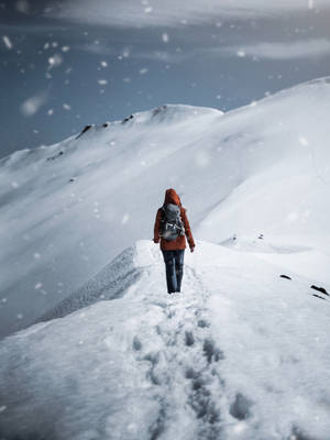 穿著紅色外套和揹著背包的人在雪山上遠足。