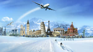 滑雪者在標誌性全球地標和飛機下方的雪地上滑行。 — 旅行 壁紙