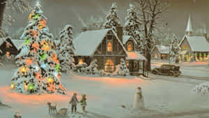在夜晚的雪村中，孩子們帶著狗靠近發光的聖誕樹旁的雪人。