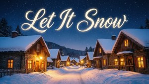 在冬日星空下，溫暖燈光映照的雪覆蓋木屋。