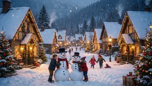 孩子們在裝飾了聖誕節的雪村裡玩雪人。