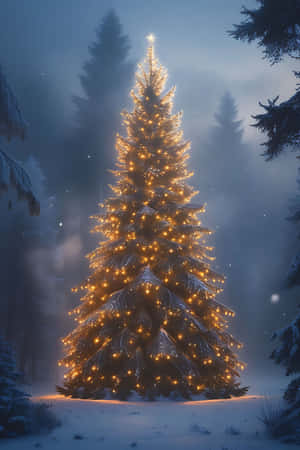 一棵被雪覆蓋的發光聖誕樹矗立在夜晚霧氣瀰漫的冬季森林中。 — 樹 壁紙
