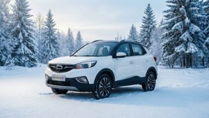 冬日，白色SUV停放在白雪覆蓋的松樹林中。