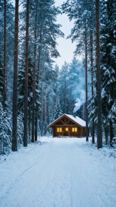 冬日森林中積雪覆蓋的小屋，溫暖的燈光和煙囪冒出的煙。 — 聖誕快樂 GIF 壁紙