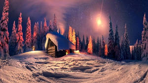 雪覆蓋的小屋在冬夜森林中，星空下，流星劃過 — 冬天 壁紙