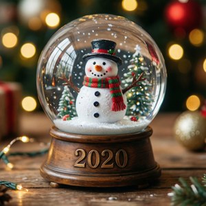 雪球、雪人、2020底座、木桌、聖誕燈、松樹枝