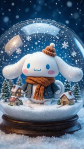 一個雪球，裡面有一隻戴著帽子和圍巾的白兔，周圍環繞著小小的雪屋和樹木。