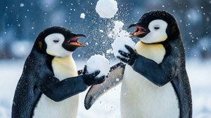 Pingu同Pinga進行一場好玩嘅雪球對戰。