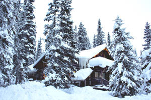 雪地森林中的舒適小屋，冰柱和溫暖的燈光從窗戶透出。