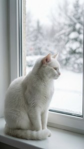 白貓坐在窗邊看著外面下雪 — 白色美學gif 壁紙