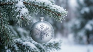冬季時，銀色雪花裝飾品掛在白雪覆蓋的松樹枝上。