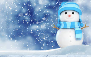 一個微笑的雪人，戴著藍色帽子和圍巾，在一個下雪的冬日。