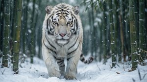 一隻帶有黑色條紋的白虎在冬季的雪地竹林裡行走。