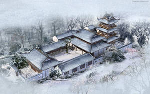 被雪覆蓋的傳統中國寺廟，周圍環繞著光禿的樹木和霧氣。 — 唐人街 GIF 壁紙