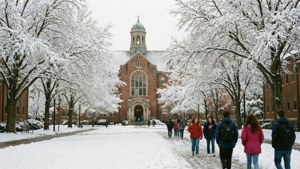 學生們在積雪的校園小路上走向一座歷史悠久的磚造建築。