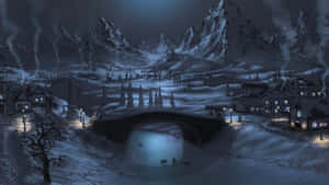 雪覆蓋的山村夜晚，石橋和發光的燈籠。 — 冬日美學 壁紙