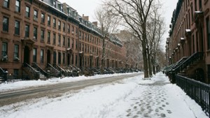 白雪覆蓋的城市街道，有紅磚排屋和雪中的腳印。