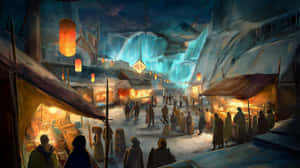 一個擁擠的冰市場，在巨大的藍色冰層下被發光的燈籠照亮。 — 夜晚 GIF 壁紙