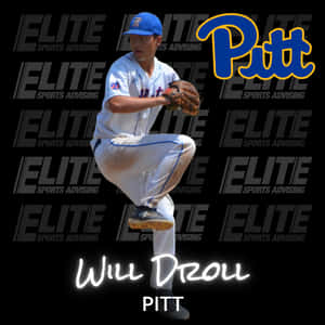 身穿白色和藍色球衣的棒球投手正在投球，帶有「Pitt」標誌和「Elite Sports Advising」浮水印。