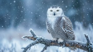 雪鴞棲息在結霜的樹枝上，雪花飄落