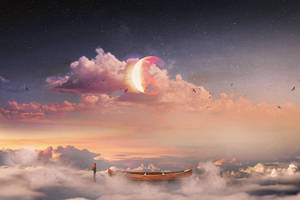 人在雲端上的船旁，彎月和星星下。