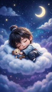 孩子在雲上睡覺，在月亮和星星下抱著毛絨兔子