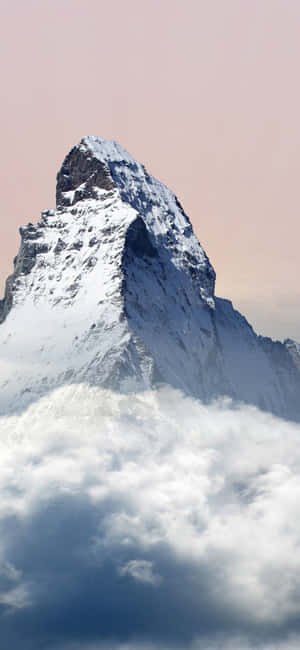 雪山頂峰聳立於雲層之上，天空呈粉紅色