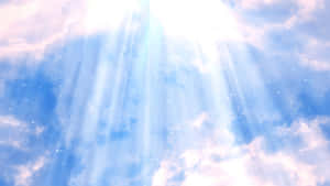 陽光穿過蓬鬆的雲層，閃爍的粒子漂浮在天空中。 — 電腦 GIF 壁紙