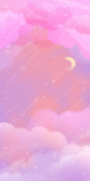 粉紅和紫色雲彩，彎月和星星在夢幻的夜空。