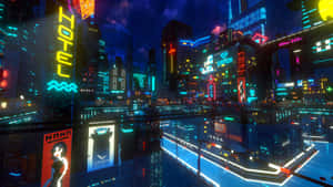 未來城市夜景，霓虹燈在雨中濕漉漉的街道上反射。