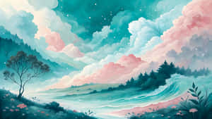 寧靜的幻想風景，青綠色和粉紅色的雲彩、森林和拍岸的海浪，星空下。 — 植物 壁紙