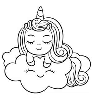 一隻微笑的獨角獸閉著眼睛，坐在微笑的雲朵上，以黑白線條繪製。 — Galaxy Z Flip7 FE 壁紙