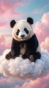 一隻熊貓坐在色彩繽紛天空中的雲朵上。