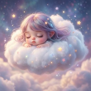 一個寧靜的孩子在柔和的粉彩天空中，於閃爍星星間的雲朵上安睡。