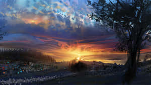 一棵孤樹在充滿漩渦雲彩的鮮豔夕陽天空襯托下形成剪影。