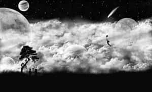 孩子們在星空下觀看行星和彗星，其中一個孩子在雲層中漂浮。 — 黑白 壁紙