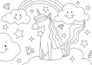 微笑的獨角獸被雲朵星星和彩虹包圍，準備好上色