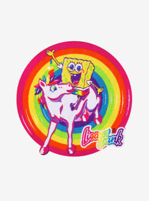 海綿寶寶在彩虹 Lisa Frank 補丁上騎著獨角獸。