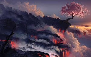 一株櫻花樹矗立在火山懸崖上，熔岩在暮色中穿過雲層流淌。 — 迷霧森林 壁紙