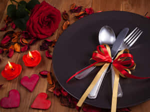 浪漫晚餐桌，紅玫瑰、心形蠟燭和黑色碟子上的餐具。