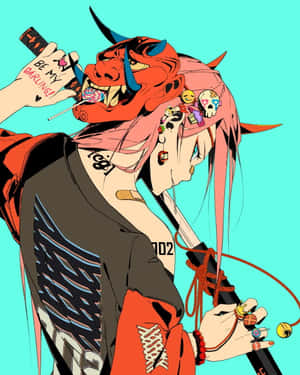 粉紅髮紅惡魔面具動漫少女手持劍和棒棒糖。