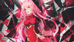 動漫角色 Zero Two 穿著紅色服裝，背景為破碎的紅色和黑色。