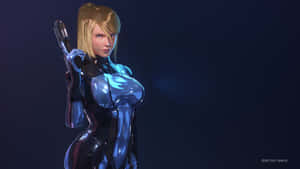 Zero Suit Samus 身穿藍色裝甲在黑暗背景下手持武器
