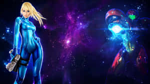 女戰士和機械人在太空中，手持發光武器，背景是紫色星雲。