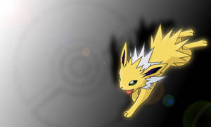 黃色 Jolteon 帶著電光在深色漸變背景上跳躍。