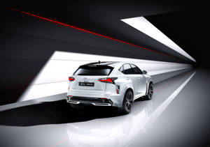 白色Lexus NX SUV在充滿動感燈光的高科技隧道中。