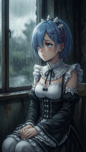 藍髮動漫女僕坐在雨窗前，神情沮喪。